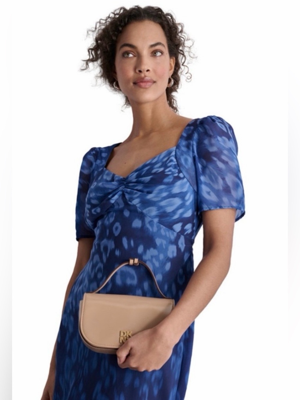 Dkny Blue Women's Short Sleeve Sweetheart Neck Lined Side Slit Midi Dress - Picture 5 of 12